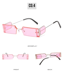 Detailed views of pink geometric sunglasses featuring metal frames and faceted lens cutouts