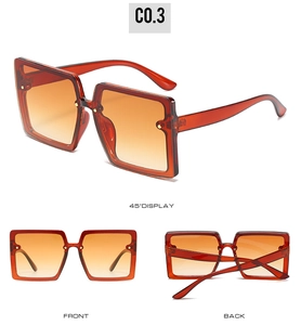 Three-view display of square oversized sunglasses with brown frame and orange gradient lenses