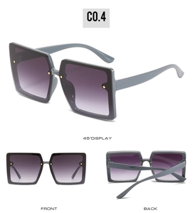 Detailed views of square sunglasses with grey-blue frame and purple gradient lenses
