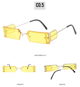 Detailed views of yellow square sunglasses with silver metal half-frame design