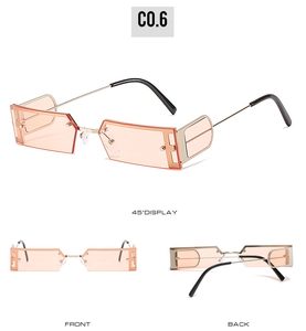 Detailed views of small square sunglasses with orange lenses and gold metal half-frame