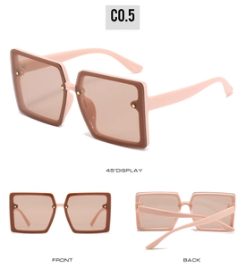 Detailed views of oversized square pink sunglasses with brown lenses and metal rivets