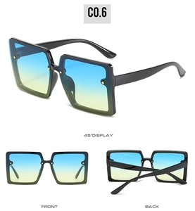 Detailed views of square sunglasses with black frames, gradient lenses and gold studs