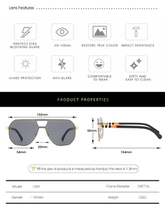 Detailed size chart for oversized pilot sunglasses with gold frame and UV400 gray lenses