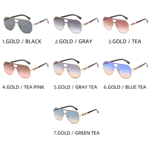Detail of aviator sunglasses with gold frames and signature vertical striped temples