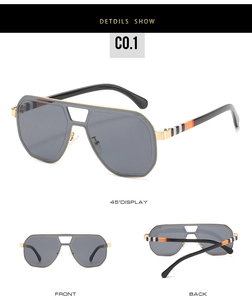 Oversized aviator sunglasses with gold metal frames and striped temples in multiple views