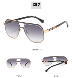 Three views of oversized aviator sunglasses with gradient lenses and striped temples