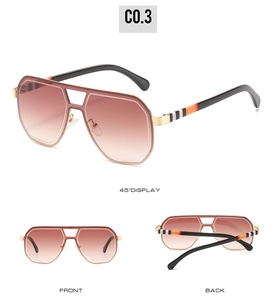 Multi-angle views of gold pilot sunglasses with gradient lenses and striped temples