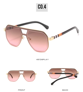 Detailed three-way view of trendy oversized sunglasses with gradient lenses and stripe temples