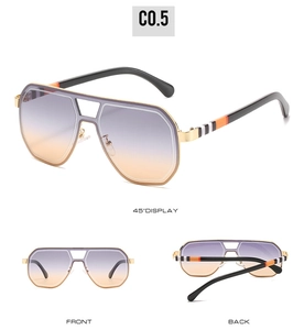 Detail showing oversized polygonal lenses with gradient tint and striped metal temples