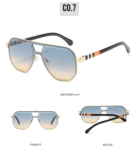 Detailed views of geometric gold frame sunglasses with blue-yellow gradient lenses