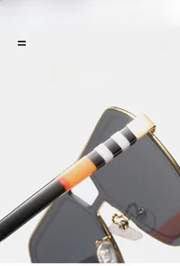 Detail of metal frame sunglasses showing black and white stripes with orange temples