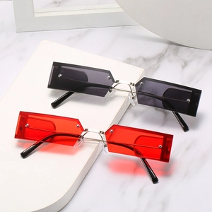 Modern rectangular rimless sunglasses with silver metal bridge in red and black colors