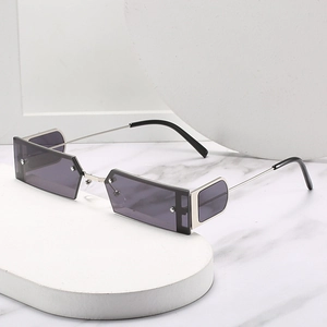 Trendsetting square metal semi-rimless sunglasses with deep purple translucent lenses