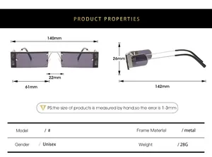 Detailed size chart for retro punk square sunglasses showing frame and lens dimensions