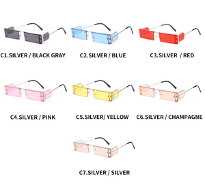 Detailed grid of rectangle rimless sunglasses in seven colors with silver metal temples