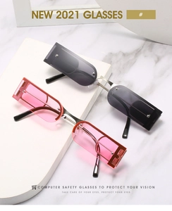 Detail view of pink and dark grey square semi-rimless sunglasses on marble surface