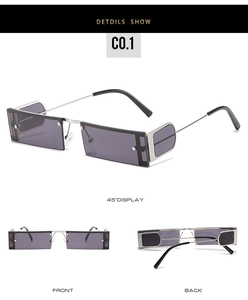 Multi-angle view of punk square sunglasses with silver metal frame and gray lenses