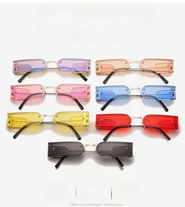 Detailed set of seven colorful rimless rectangle sunglasses with stylish gold metal frames