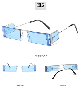 Three-angle view of rimless rectangular sunglasses with blue lenses and silver frames
