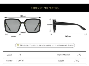 Tableau des tailles détaillé pour lunettes de soleil rectangulaires rétro avec mesures