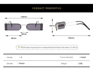 Detailed size chart for retro small square metal frame sunglasses with 144mm width