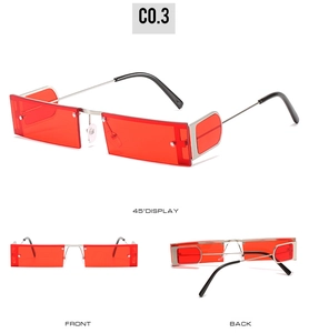 Three-way view of retro punk rectangle sunglasses with silver frames and red lenses