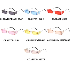 Grid view of narrow rectangular sunglasses in seven distinct lens colors with silver frames