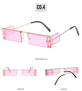 Multi-angle view of punk rectangle sunglasses with pink lenses and silver frames
