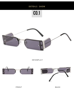 Three-angle views of rectangular semi-rimless punk sunglasses with purple lenses