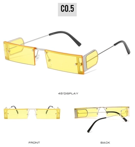 Three-view display of punk square sunglasses with yellow lenses and silver metal temples