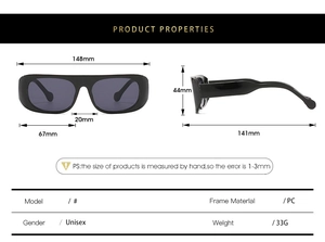 Schéma technique montrant les dimensions et spécifications des lunettes de soleil en PC