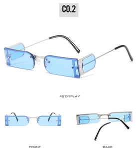 Three-way display of square metal sunglasses with blue lenses and side window details