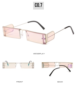 Detail view of square punk sunglasses with side lenses and light gold metal frames