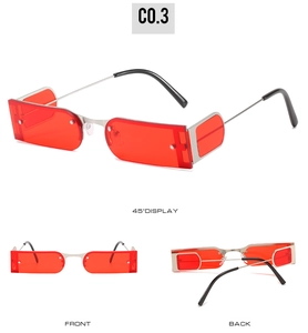 Three-view shot of red rectangle sunglasses with silver metal frame and black temple tips