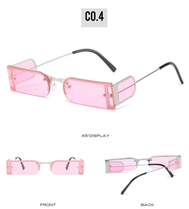 Three views of pink lens rectangular frameless sunglasses with futuristic silver metal frame