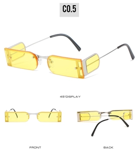 Three-view display of retro square sunglasses with yellow lenses and silver metal frames
