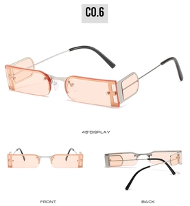 Three-view display of silver metal semi-rimless square sunglasses with orange lenses