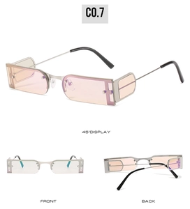 Three perspectives of silver metal half-frame sunglasses with pink gradient lenses