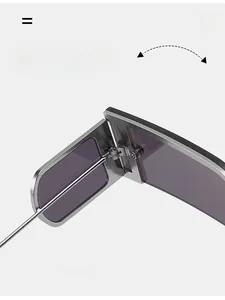 Macro detail of durable metal hinge on square sunglasses with purple tinted lenses