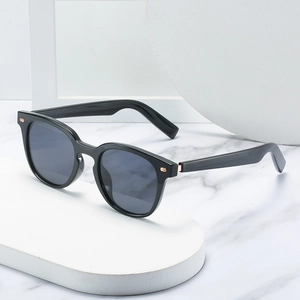 Lunettes de soleil noires classiques à monture ronde avec verres gris foncé et or