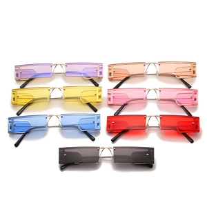 Vertical array of narrow rectangular punk sunglasses in seven translucent vibrant colors