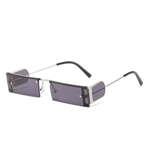 Retro punk rectangular sunglasses with silver metal frame and grey side shield lenses