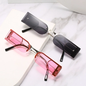 Modern square semi-rimless sunglasses in smoke gray and rose pink with thin metal frame