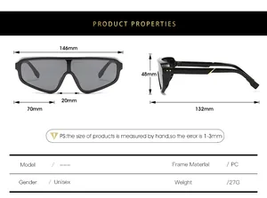 Detailed size chart for oversized one-piece sunglasses with PC frame measurements