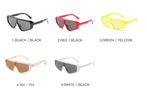 Detailed grid view of one-piece fashion sunglasses with metal rivets in five color variants