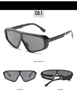 Three perspectives of black shield sunglasses with rivet detail and dark grey lenses