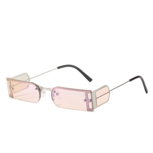 Retro square narrow metal frame sunglasses with trendy pink lenses on white background