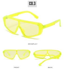 Detailed multi-angle views of neon yellow oversized one-piece fashion sunglasses