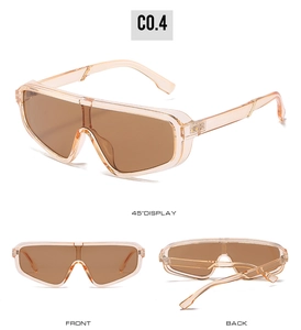 Three-angle view of champagne oversized shield sunglasses with decorative rice studs